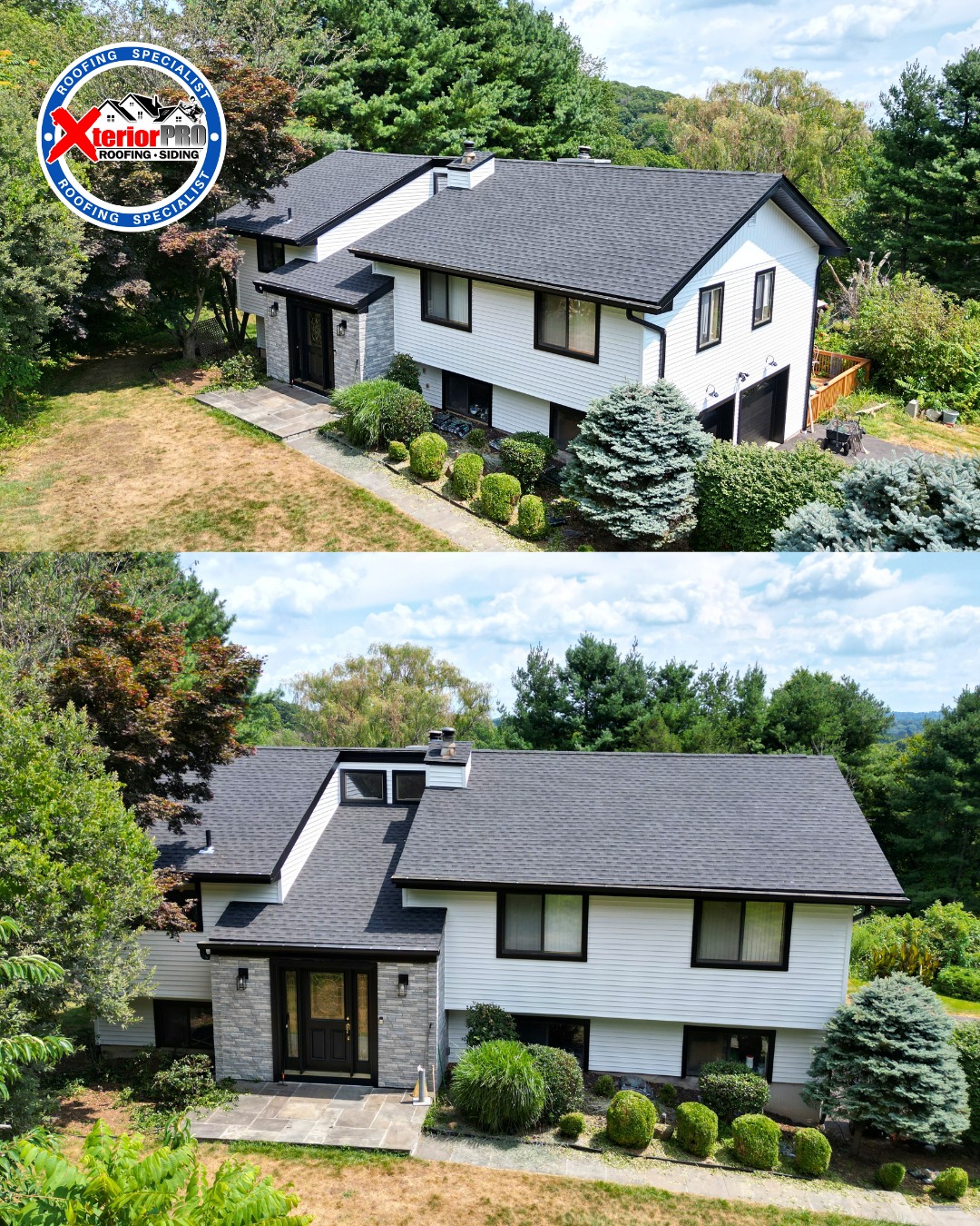 Two front views of a completed roofing and siding project with GAF Timberline HDZ charcoal shingles