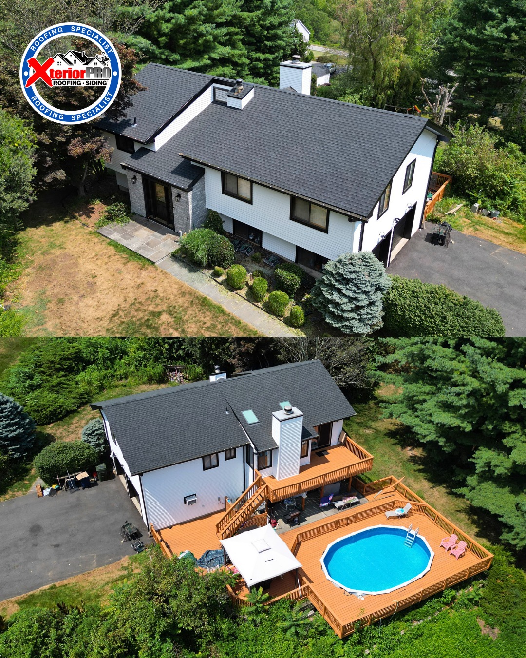 Front and rear aerial views of a completed GAF Timberline HDZ charcoal roof and CertainTeed siding project by Xterior Pro